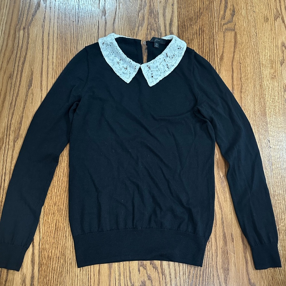 J.Crew Black Long Sleeve Knit Sweater with White Lace Collar XS